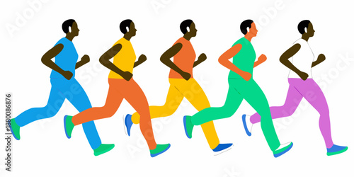A line of runners depicted in vibrant overlapping colors showing motion