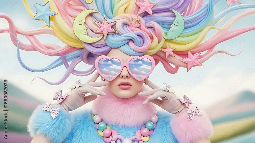 Fototapeta premium Woman with colorful hair and sunglasses poses