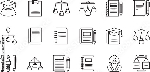Academic Education and Justice Icon Set with Graduation Caps Law Scales and School Stationery Vector Line Art Illustrations