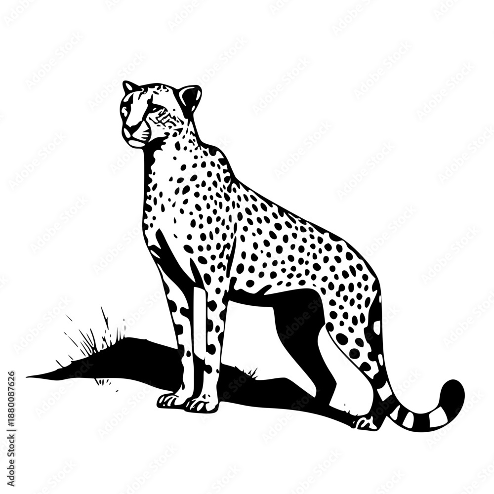 Fototapeta premium A black and white vector illustration of a cheetah standing on a grassy hill on transparent background