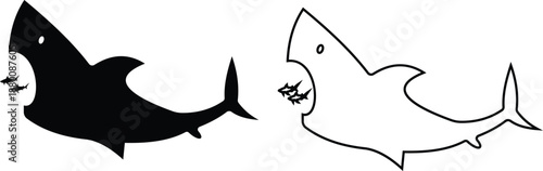 Shark icon set in silhouette and outline style, marine predator fish shapes in multiple swimming poses, black and line ocean animal vector illustration collection