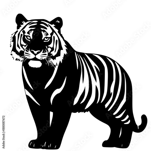 A black and white tiger silhouette standing on a transparent background