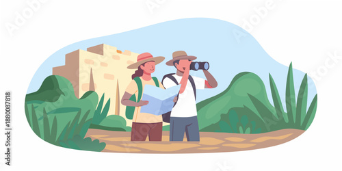 Two tourists exploring ancient ruins with a map and binoculars