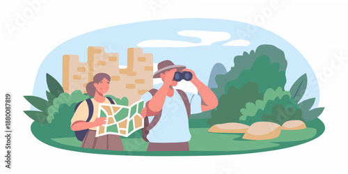 Couple exploring the city with a map and binoculars enjoying the outdoors