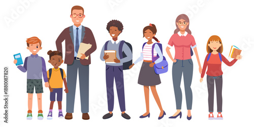 A diverse group of students and teachers standing together illustrated style