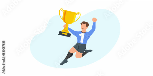 A victorious athlete celebrates with a golden trophy in a joyful pose