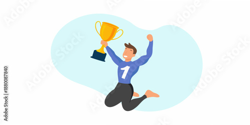 Celebrating victory a joyful man raises a golden trophy in the air