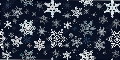 A seamless pattern of delicate intricate snowflakes on a dark background