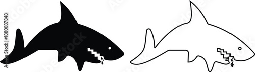 Shark icon set in silhouette and outline style, marine predator fish shapes in multiple swimming poses, black and line ocean animal vector illustration collection