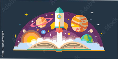 A rocket launching from an open book amidst planets and a starry sky