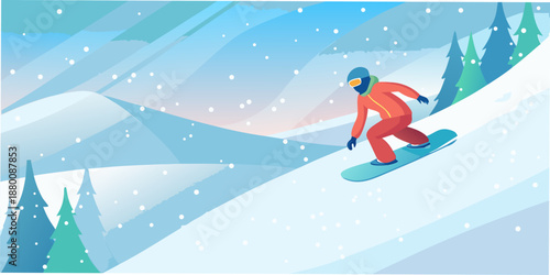 A snowboarder gracefully descends a snow covered mountain slope in winter