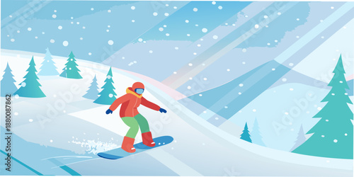 A lone snowboarder gracefully descends a snow covered mountain landscape