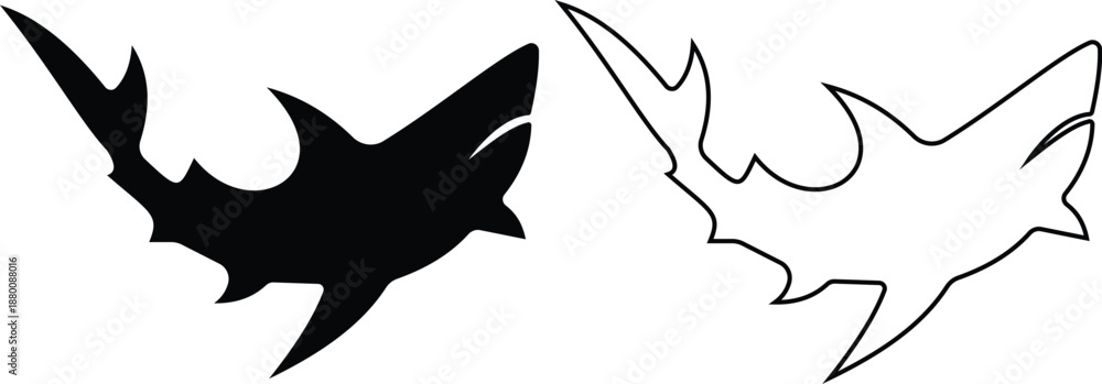 Obraz premium Shark icon set in silhouette and outline style, marine predator fish shapes in multiple swimming poses, black and line ocean animal vector illustration collection