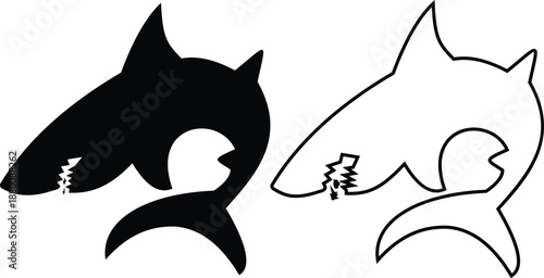 Shark icon set in silhouette and outline style, marine predator fish shapes in multiple swimming poses, black and line ocean animal vector illustration collection