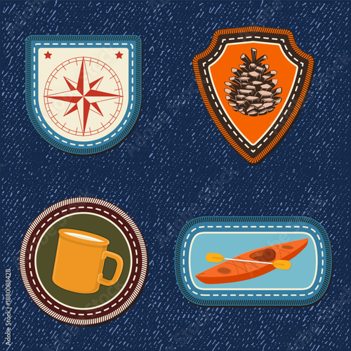 Set of Scout badge with compass, camping mug, pine cone, kayak boat with paddle. Vector. Merit patch, sticker for camping outdoor and academic activities