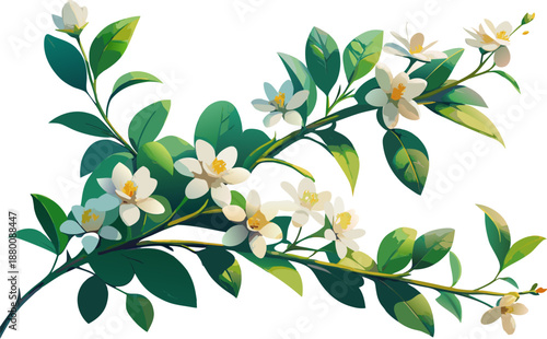 Minimal flower garland with small white jasmine flowers and thin green stems, airy composition, fine botanical illustration, clean white background