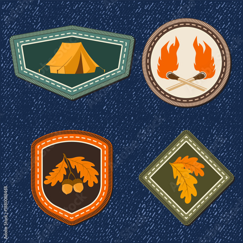 Scout badge with burning matches, camping tent, oak leaves. Vector. Merit patch, sticker for camping outdoor and academic activities