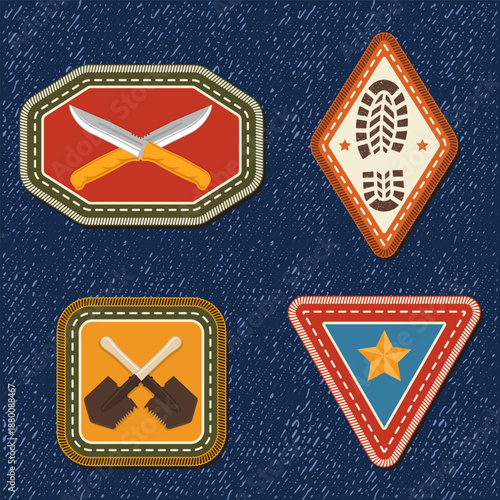 Scout badge with knives, camper shovels, boot print, footprint. Vector. Merit patch, sticker for camping outdoor and academic activities