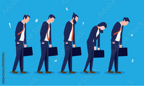 Tired businesspeople - five men and women exhausted from the stress at work. Walking in line with head hanging down. Exhausting work and overworked employees concept. Vector illustration