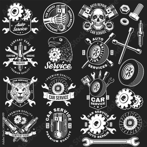 Auto service logo, emblems, badges and icons. Vector. For expert service car repair center, restoration and car club with wrench, gears, spark plug, skull, automobile tools pistons silhouette