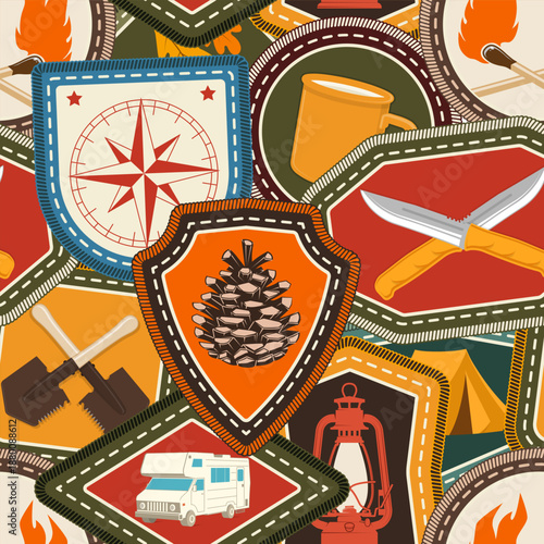 Set of Scout seamless pattern or background. Texture, wallpapers with compass, camping mug, pine cone, kayak boat with paddle, knives. Vector. Merit patch, sticker for camping outdoor and academic