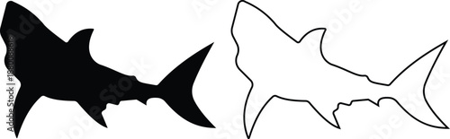 Shark icon set in silhouette and outline style, marine predator fish shapes in multiple swimming poses, black and line ocean animal vector illustration collection