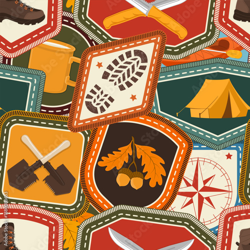 Set of Scout seamless pattern or background. Texture, wallpapers with compass, camping mug, pine cone, kayak boat with paddle, knives. Vector. Merit patch, sticker for camping outdoor and academic
