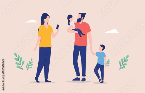 Happy family - Parents with two children walking outdoors and taking photo with mobile phone. Spending time together concept, flat design vector illustration