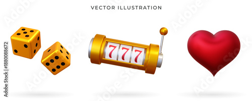 Golden gambling dice, slot machine and heart suit. Vector illustration. Game slot, dice cubes and heart suit concept. Realistic 3d icon for casino and gambling industry