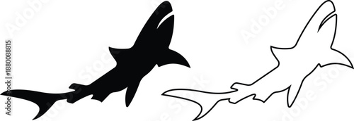 Shark icon set in silhouette and outline style, marine predator fish shapes in multiple swimming poses, black and line ocean animal vector illustration collection