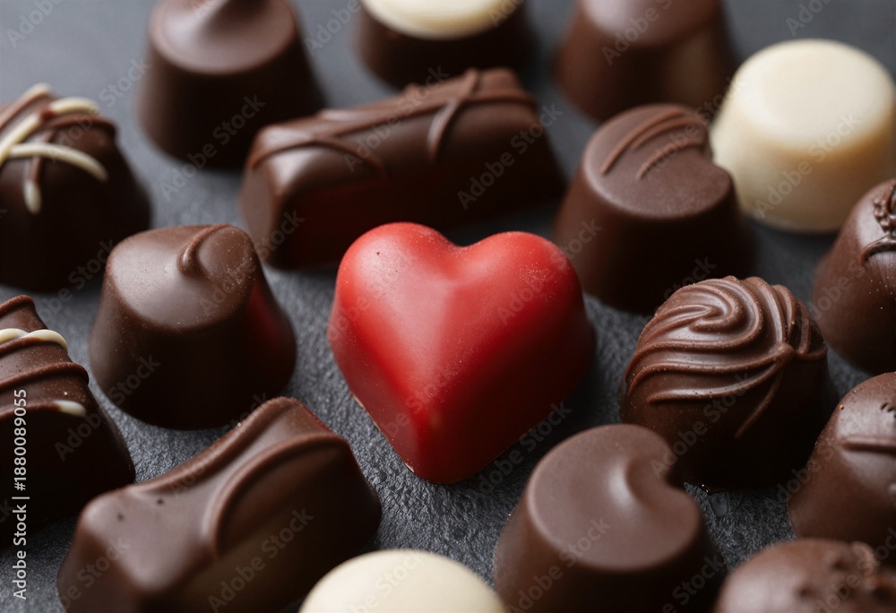 Fototapeta premium A close-up of assorted chocolates arranged in a circular pattern with a red heart in the center