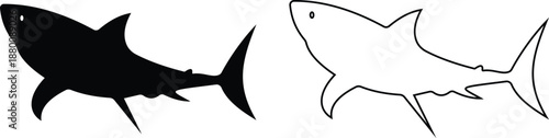 Shark icon set in silhouette and outline style, marine predator fish shapes in multiple swimming poses, black and line ocean animal vector illustration collection