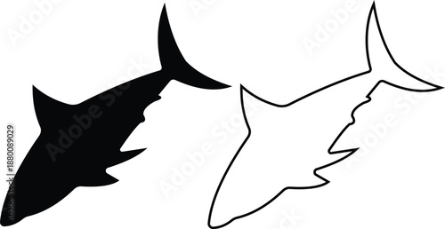 Shark icon set in silhouette and outline style, marine predator fish shapes in multiple swimming poses, black and line ocean animal vector illustration collection