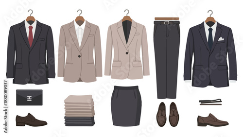 Flat lay of business attire and accessories including suits, dress pants, skirt, shoes, and wallet on a white background.