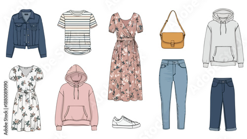 Flat lay illustration of various clothing items and accessories arranged on a white background.