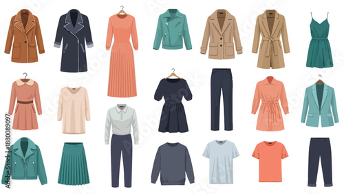 Flat lay of various colorful clothing items on hangers against a clean white background.
