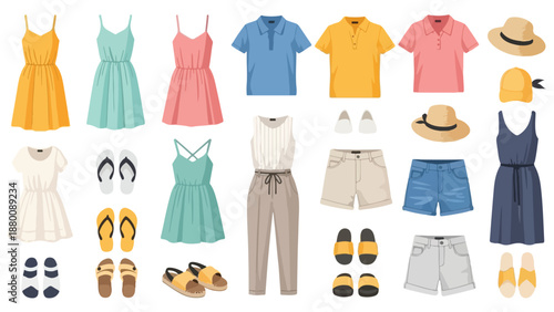 Flat lay of various summer clothing items and accessories arranged on a white background.