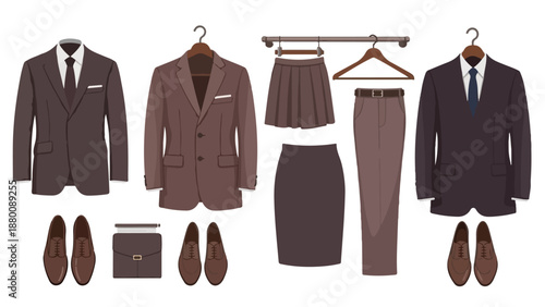 Flat lay illustration of business attire and accessories including suits, skirt, pants, shoes, and bag on a white background.