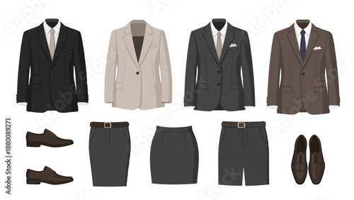 Flat lay of business attire including suits, skirt, shorts, dress shoes on white background.