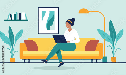 Woman working from home on a couch with a laptop, showcasing remote work, online learning, and comfortable productivity in a modern living space. Flat design style vector illustration