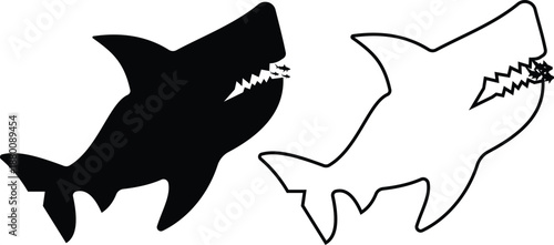 Shark icon set in silhouette and outline style, marine predator fish shapes in multiple swimming poses, black and line ocean animal vector illustration collection
