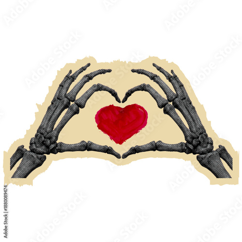 Artistic collage of skeletal hands shaping a heart around a red painted heart. Conceptual illustration symbolizing love, mortality, devotion, and gothic romance on a clean background.