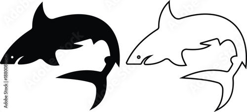 Shark icon set in silhouette and outline style, marine predator fish shapes in multiple swimming poses, black and line ocean animal vector illustration collection