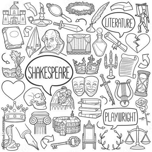 Set of hand-drawn doodles about Shakespeare and his literary work.