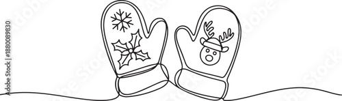 Winter Mittens one line drawing, Santa Christmas mittens. Single line, outline, one line Art icon drawing vector