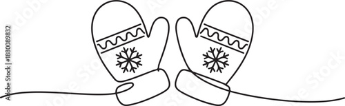 Winter Mittens one line drawing, Santa Christmas mittens. Single line, outline, one line Art icon drawing vector
