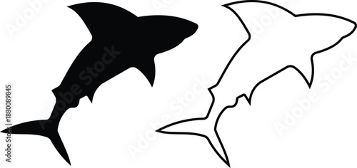 Shark icon set in silhouette and outline style, marine predator fish shapes in multiple swimming poses, black and line ocean animal vector illustration collection