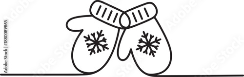 Winter Mittens one line drawing, Santa Christmas mittens. Single line, outline, one line Art icon drawing vector