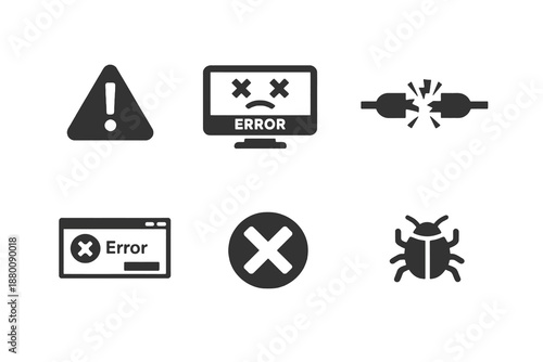 Set of 6 system error and failure icons designed for troubleshooting, alerts and technical interfaces. Clean monochromatic vector symbols for web and mobile use.