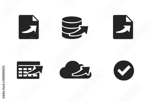 Digital data export icon set showing file export, data transfer and download processes. Monochrome flat vector icons ideal for UI, apps, websites and dashboards.